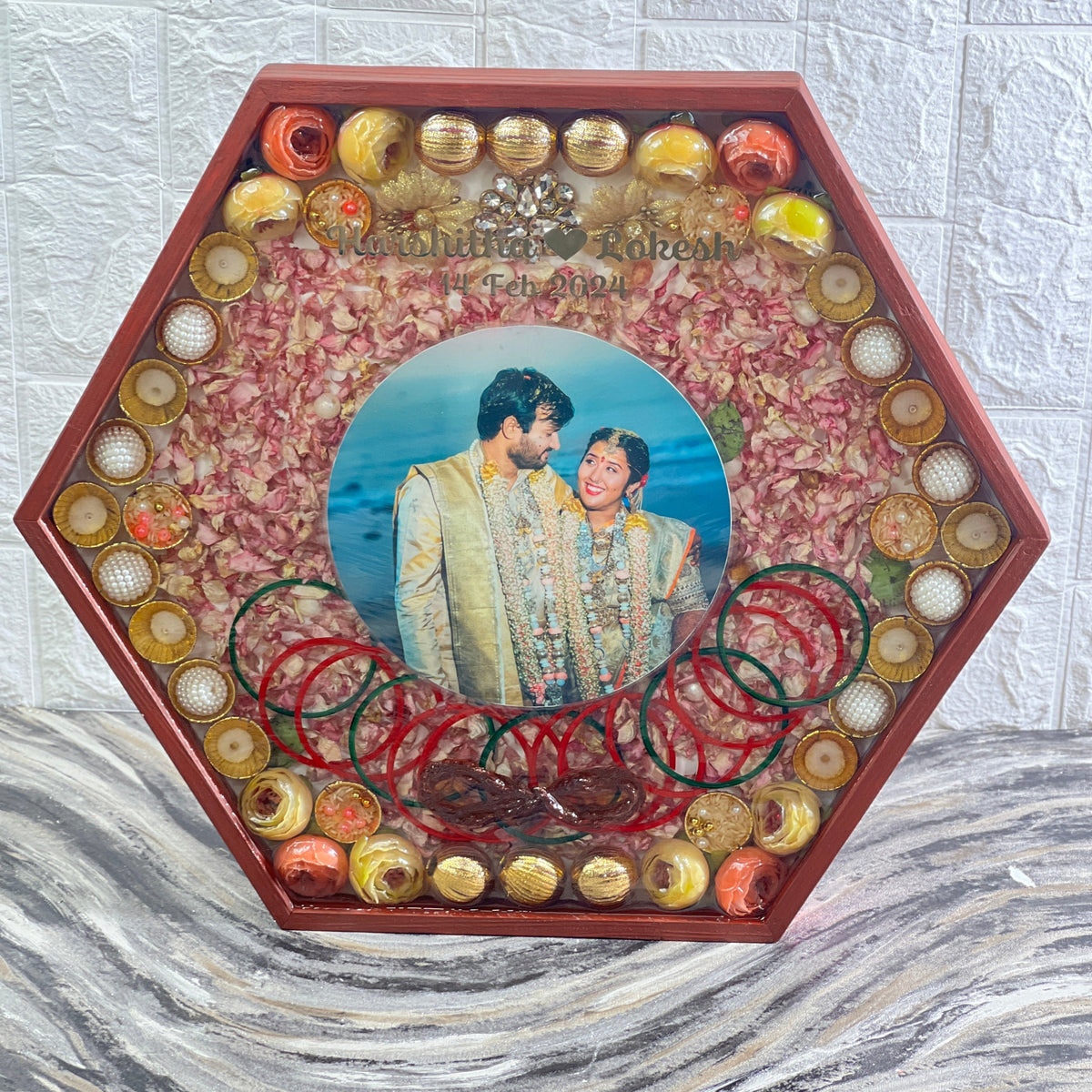 Hexagonal Wedding Keepsake Frame in Resin