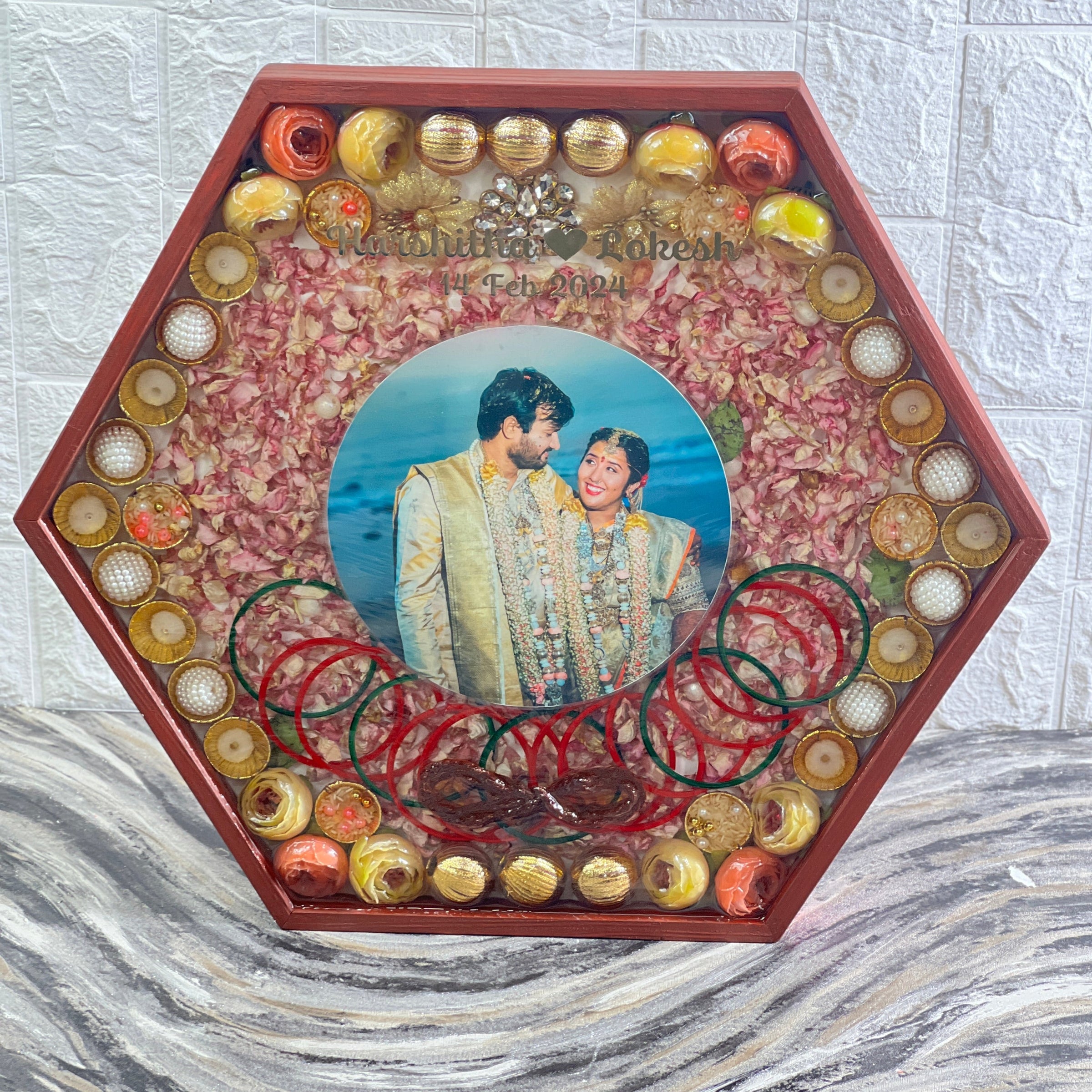 Hexagonal Wedding Keepsake Frame in Resin