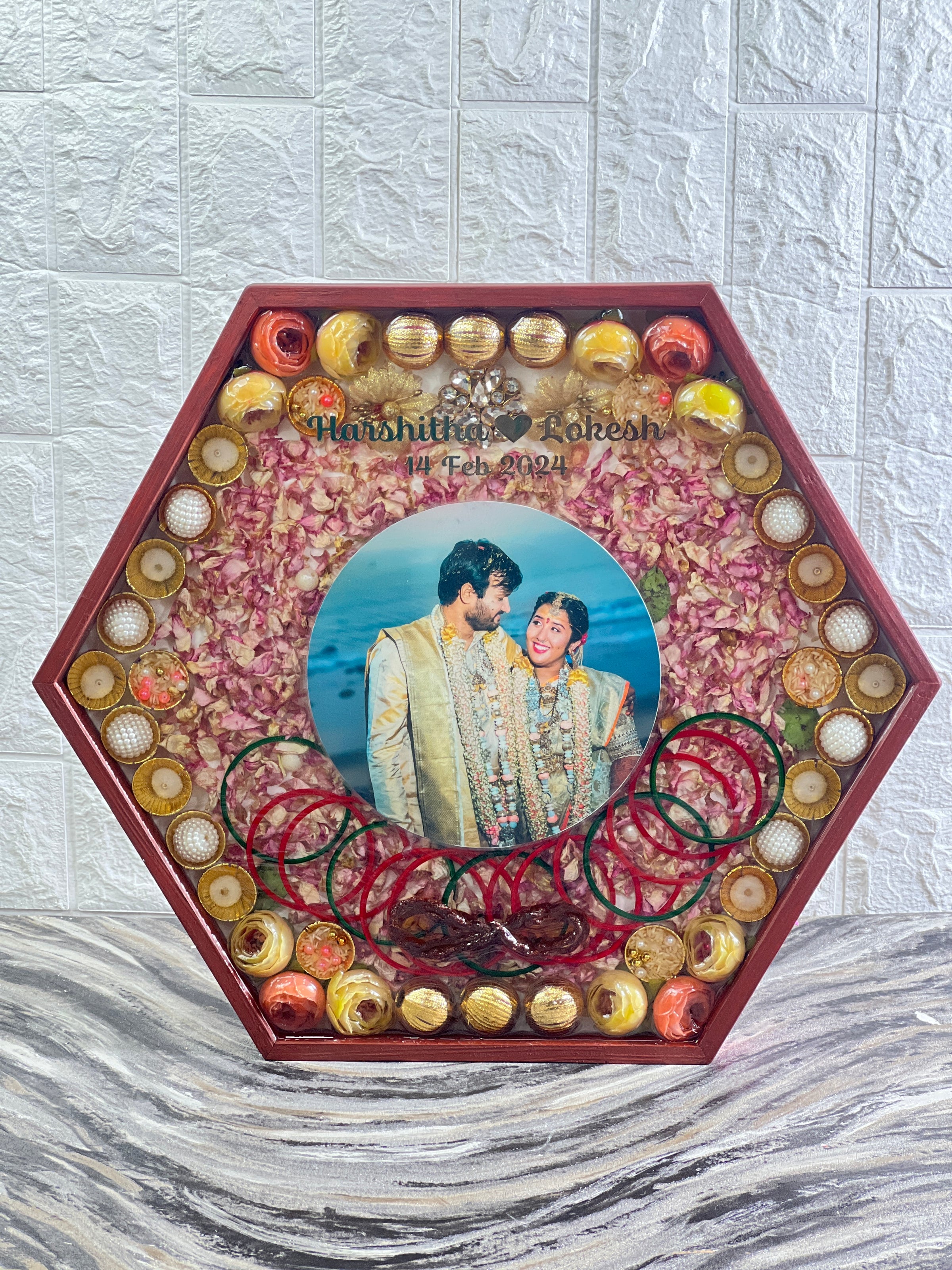 Hexagonal Wedding Keepsake Frame in Resin