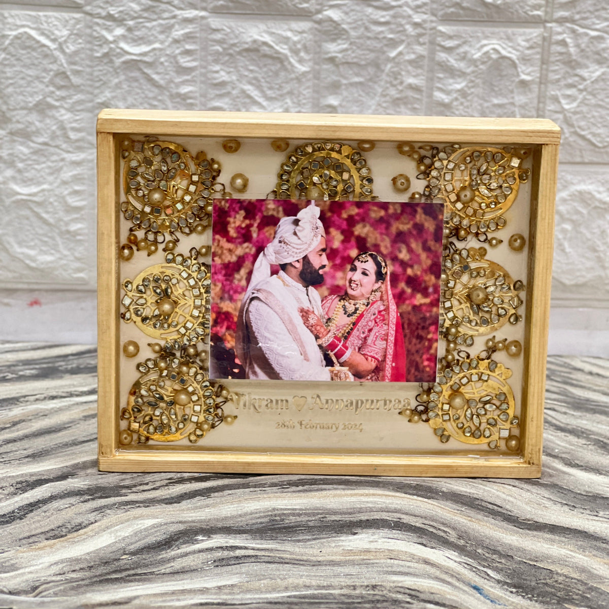8 x 10 inch square wooden varmala preservation frame with golden flowers, teak