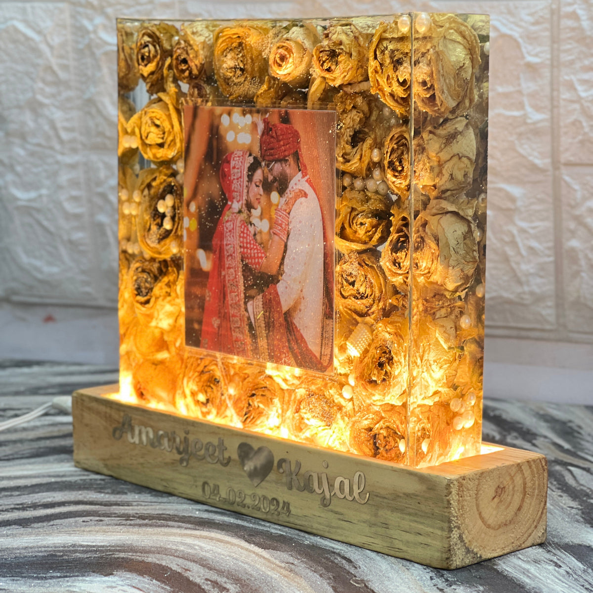 Resin LED Lamp with Preserved Wedding Flowers & Photo