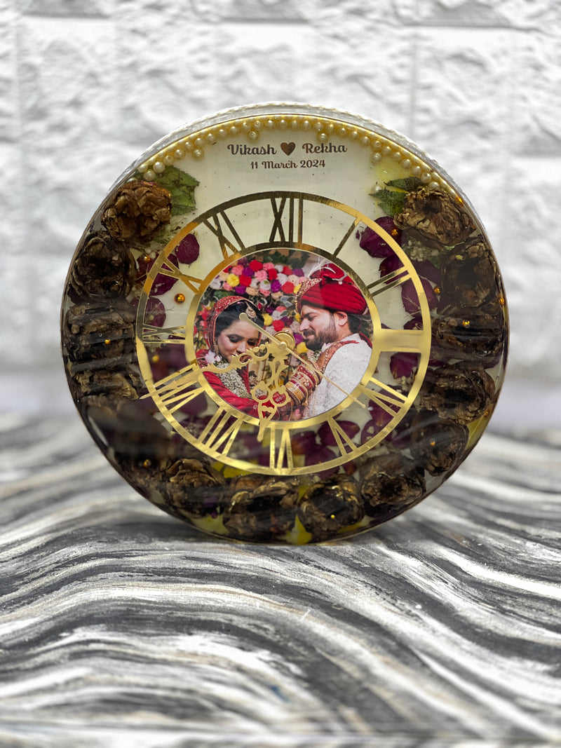 Beautiful Lotus rose Varmala preservation wall clock with photo and couple name