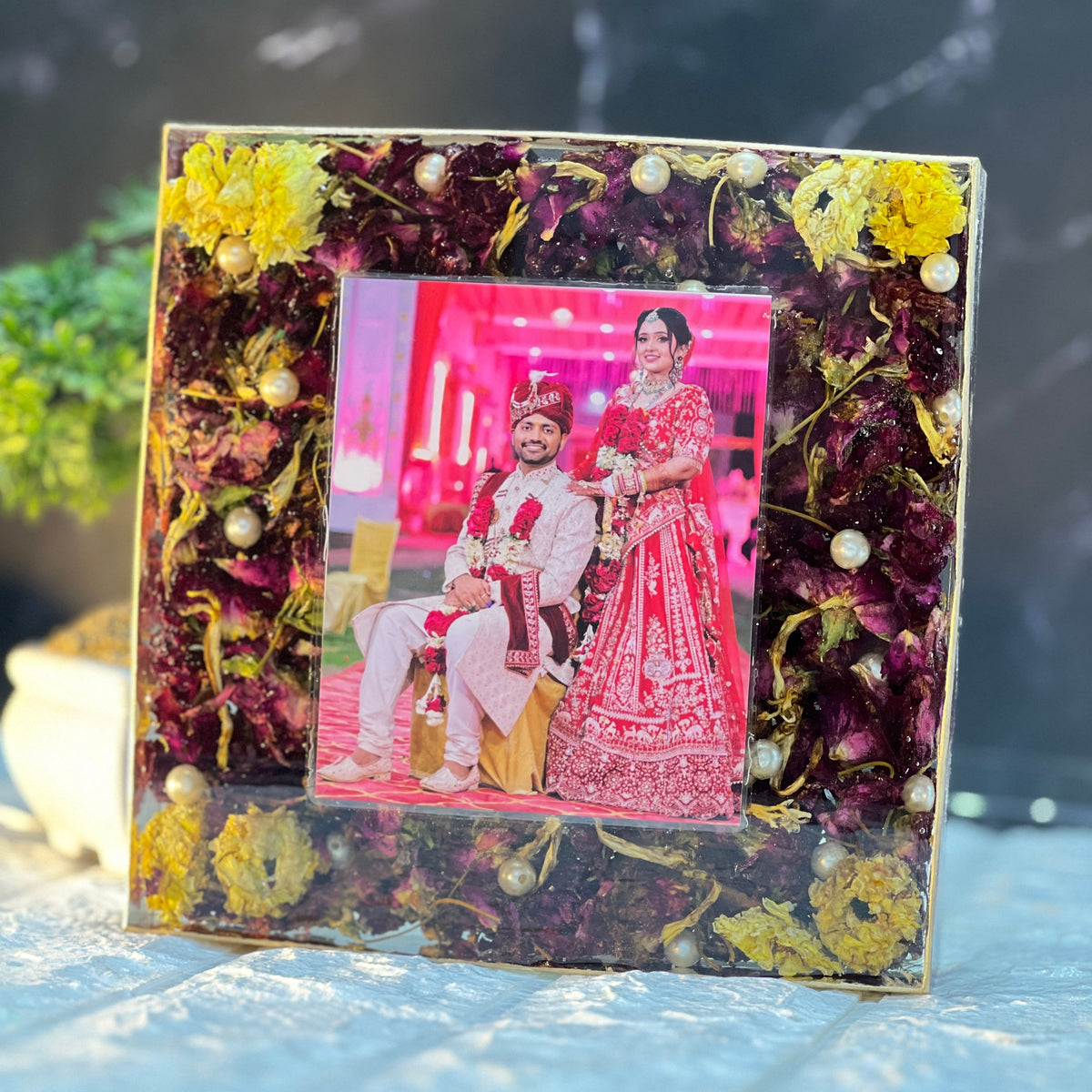 8 inch clear square varmala resin block with maroon and gold border
