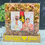 8 inch varmala resin block on wooden LED base with golden flowers, names on base