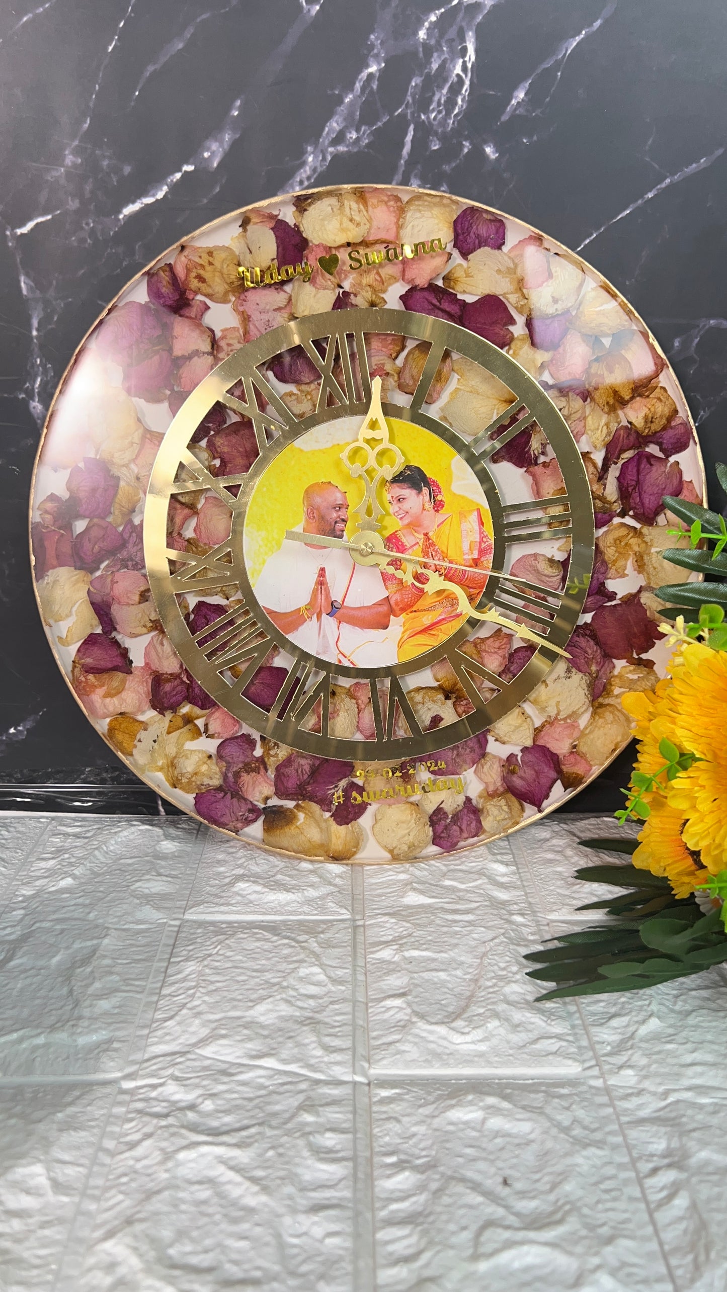 Beautiful white pink rose varmala preservation wall clock with photo/ gift for couple/ wedding gift ideas