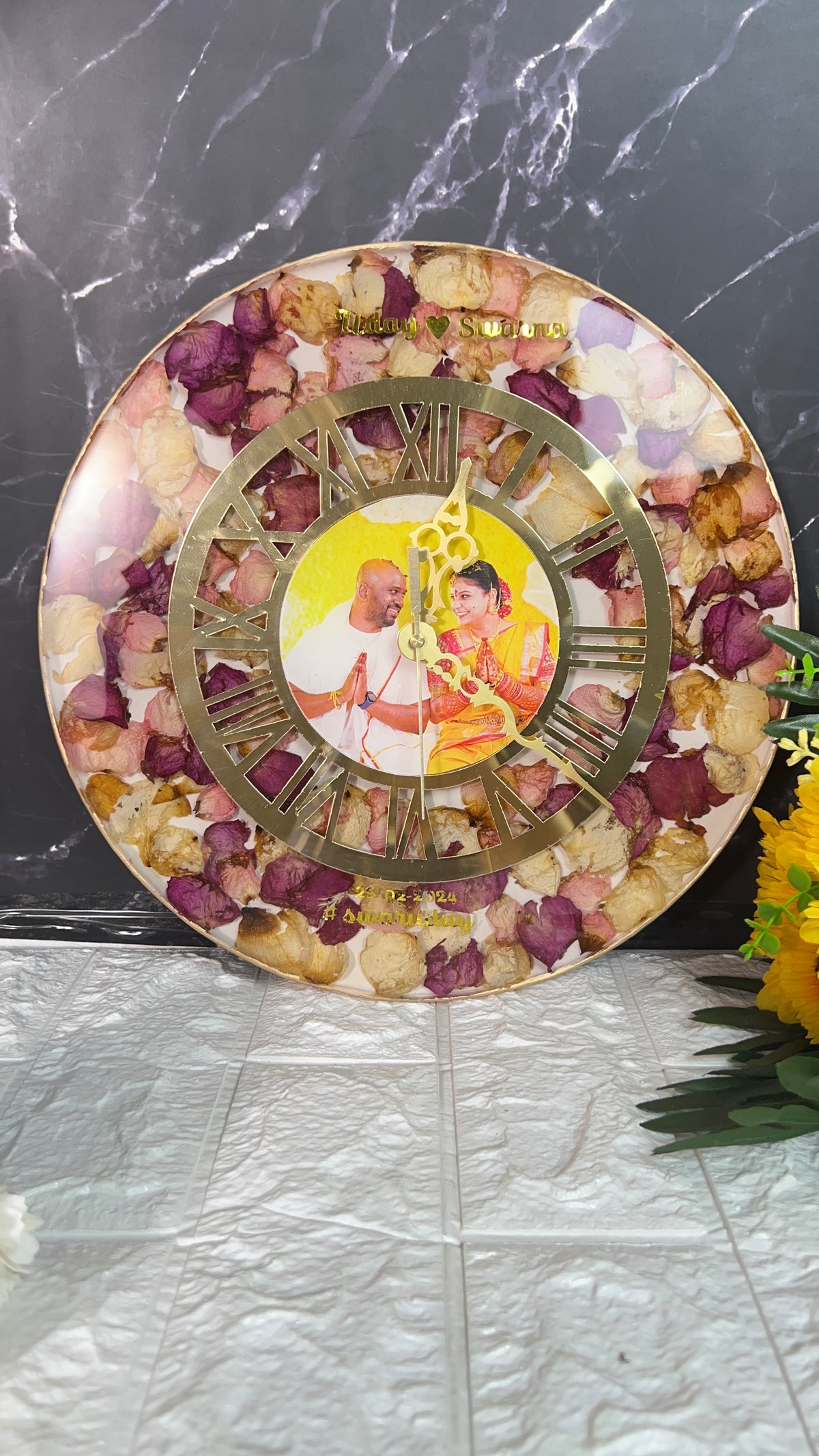 Resin-Preserved Wall Clock | Wedding Garland Keepsake