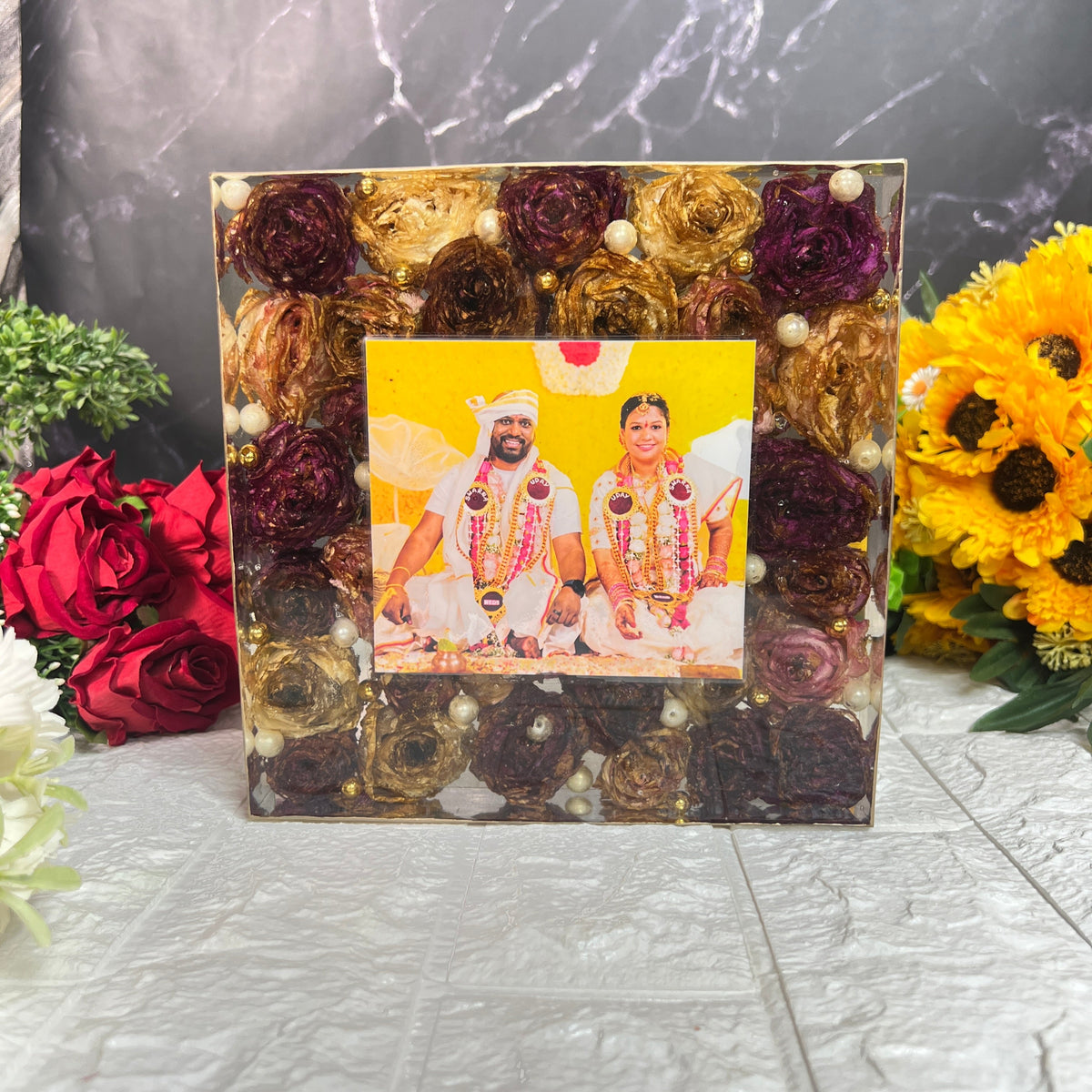 Epoxy Resin Wedding Flower Keepsake with Wooden LED Stand