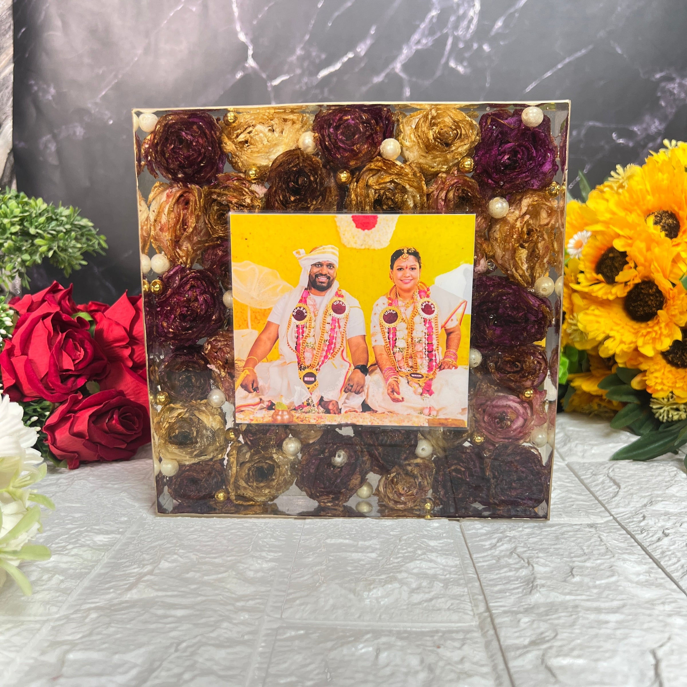 Epoxy Resin Wedding Flower Keepsake with Wooden LED Stand