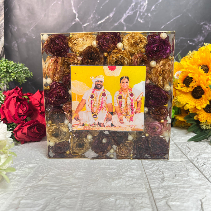 Epoxy Resin Wedding Flower Keepsake with Wooden LED Stand