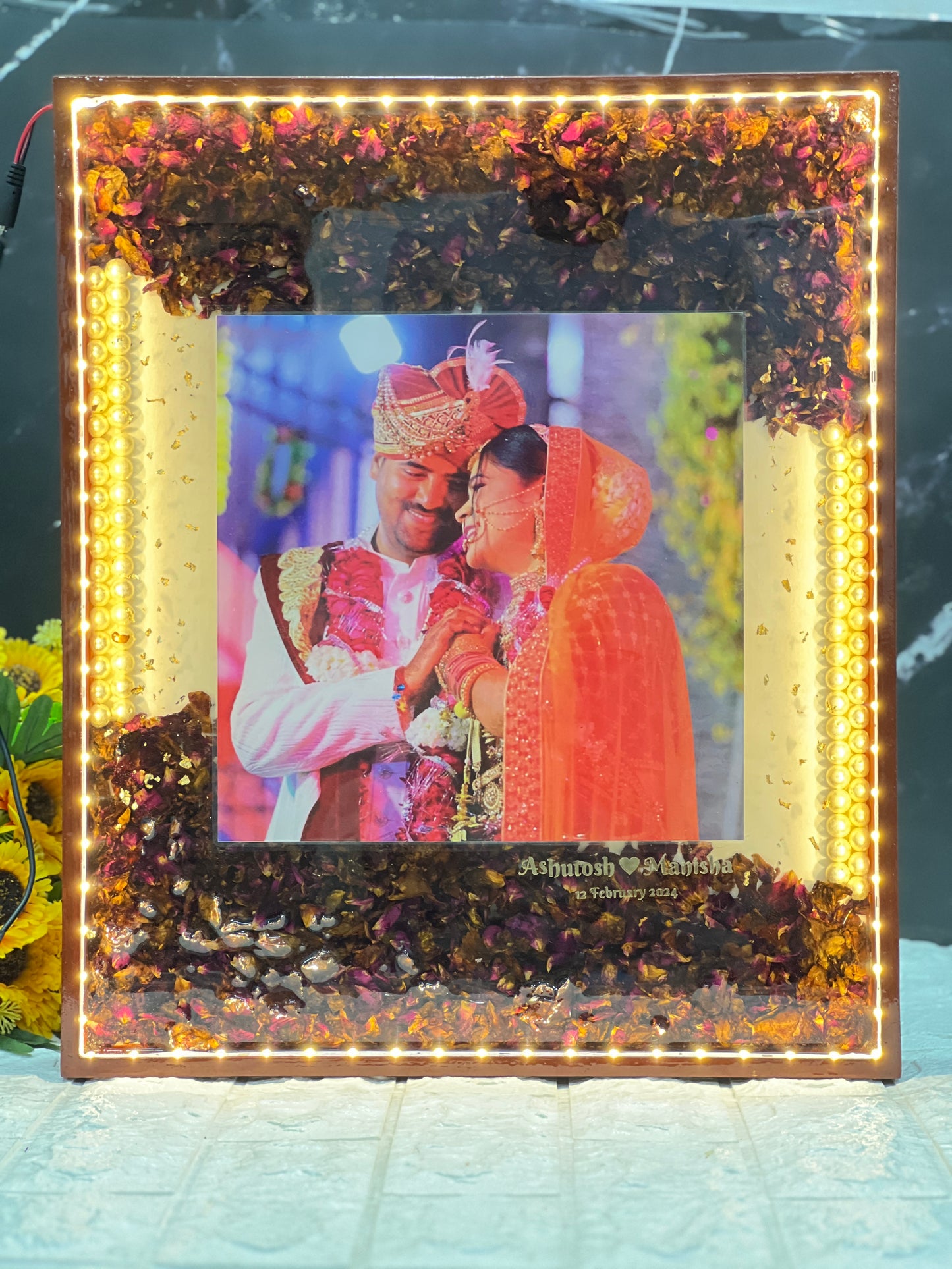 Big varmala preservation frame with led light connection/ flower preservation lamp/ wedding gift