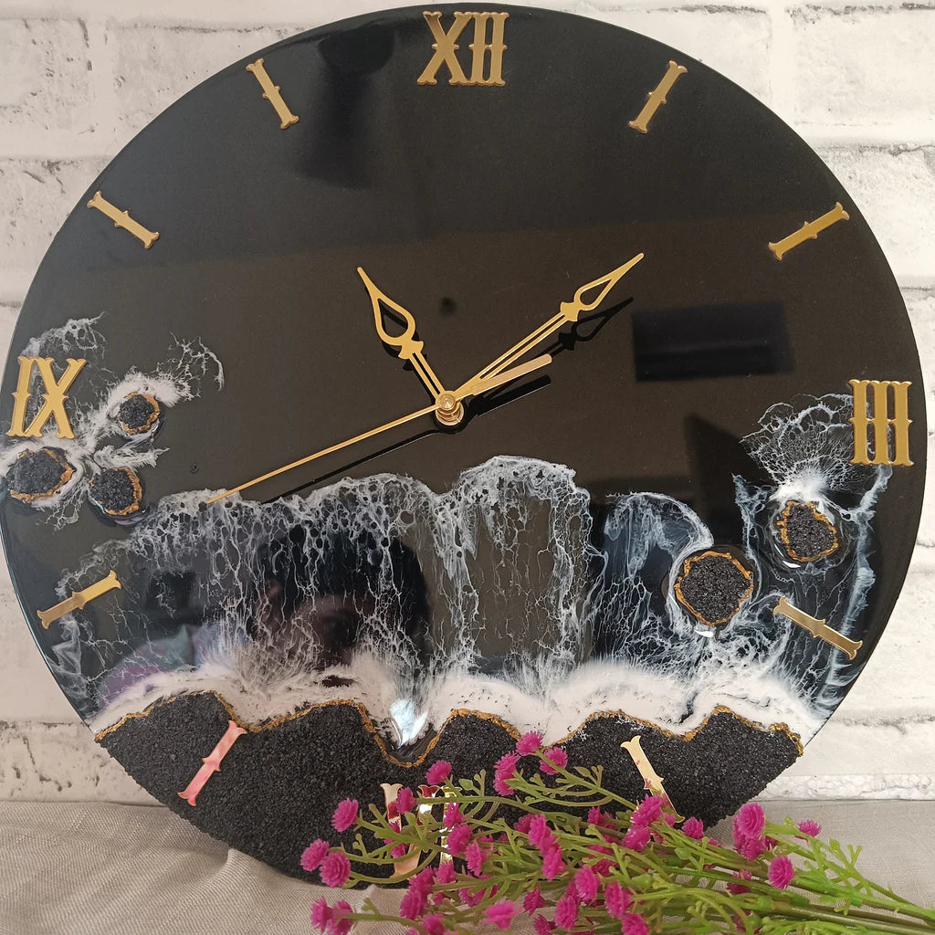 Classy Black Ocean With White Waves Resin Wall Clock