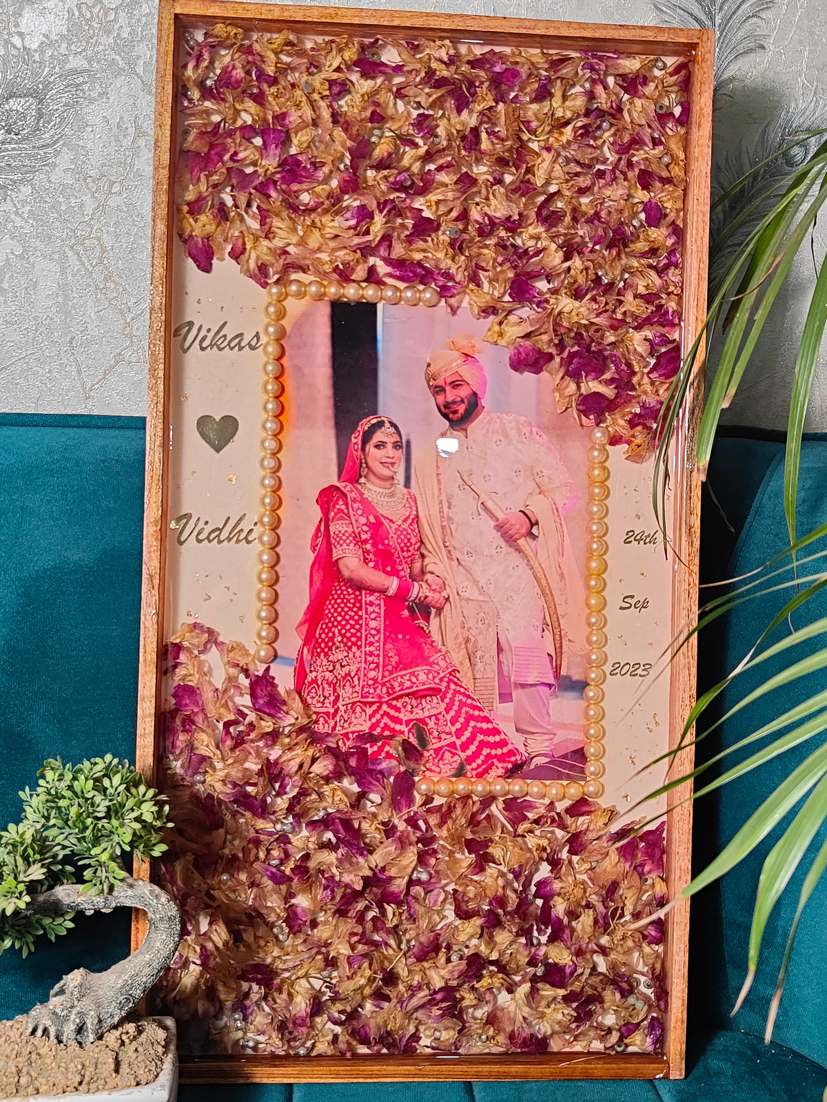 Rectangular Wooden Frame With Varmala Preservation (12 by 24 inch)