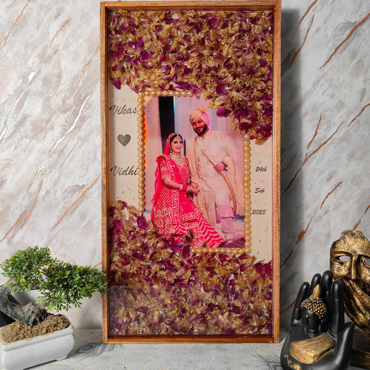 Rectangular Wooden Frame With Varmala Preservation (12 by 24 inch)