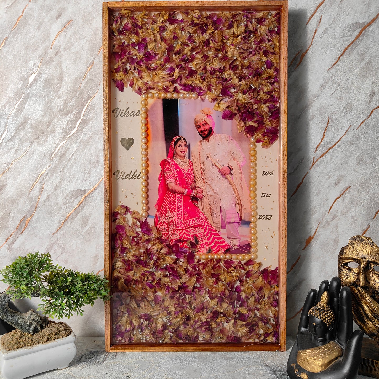 Wooden frame rectangular Varmala preservation resin with couple photo and wedding date 12 by 24 inch size