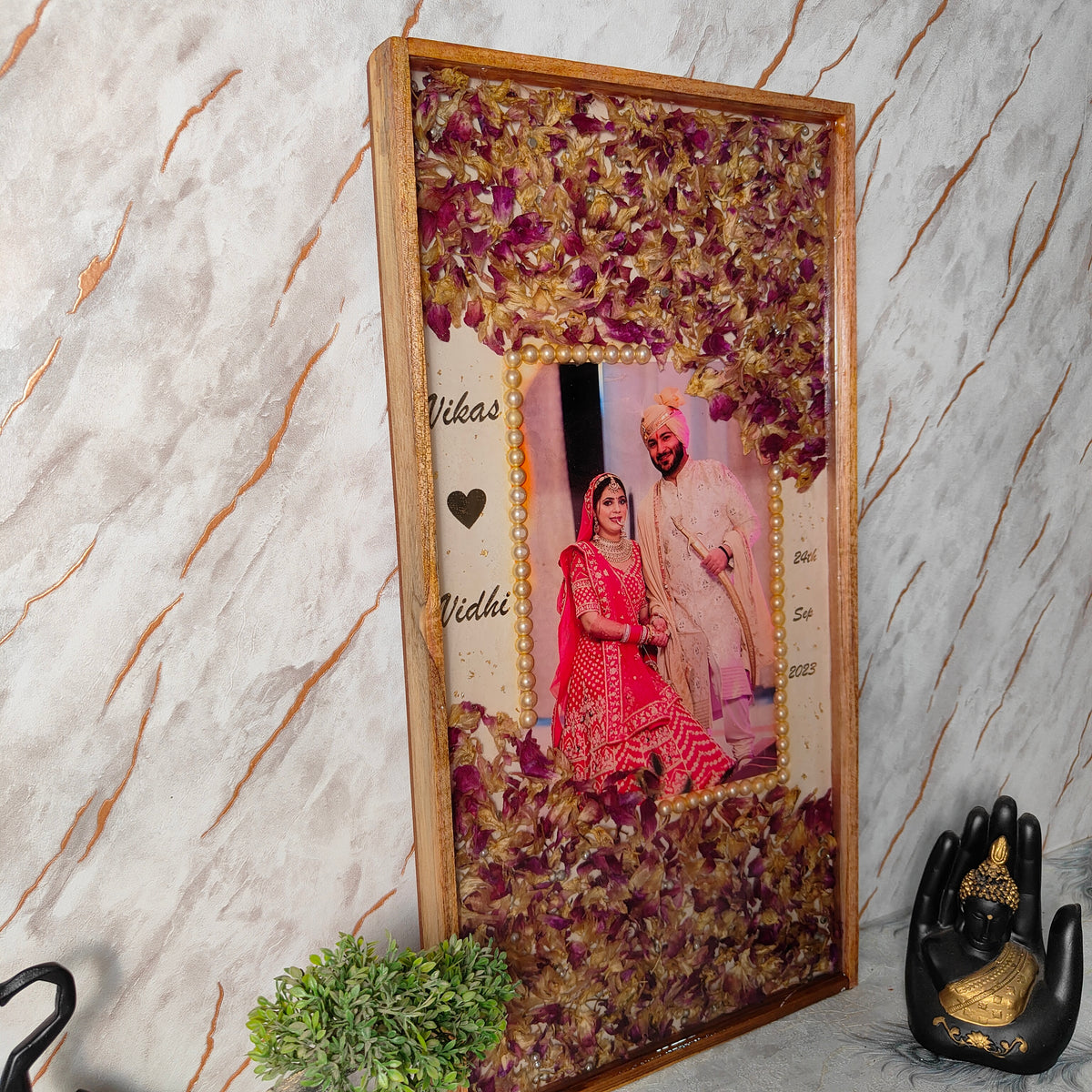 Rectangular Wooden Frame With Varmala Preservation (12 by 24 inch)