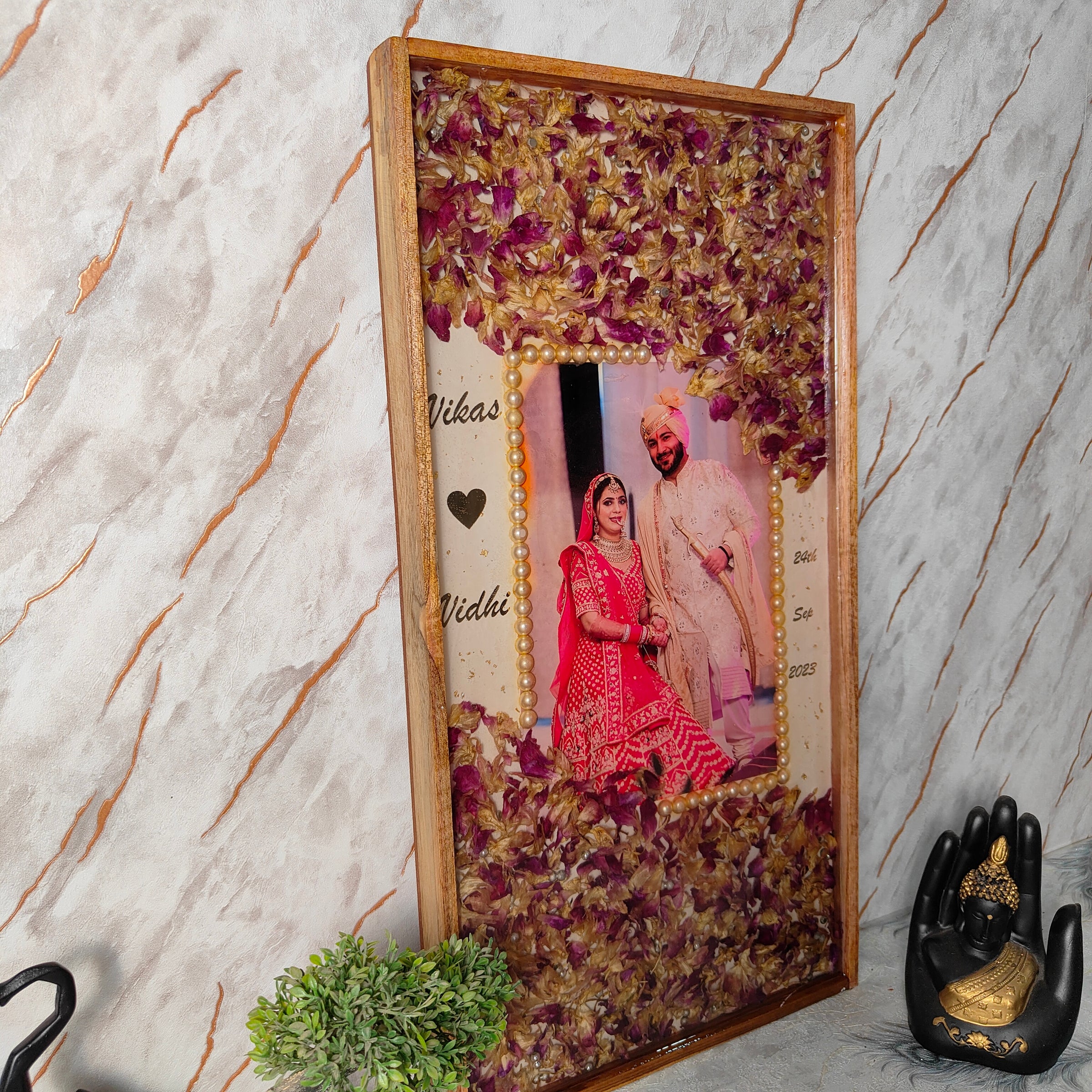 Rectangular Wooden Frame With Varmala Preservation (12 by 24 inch)
