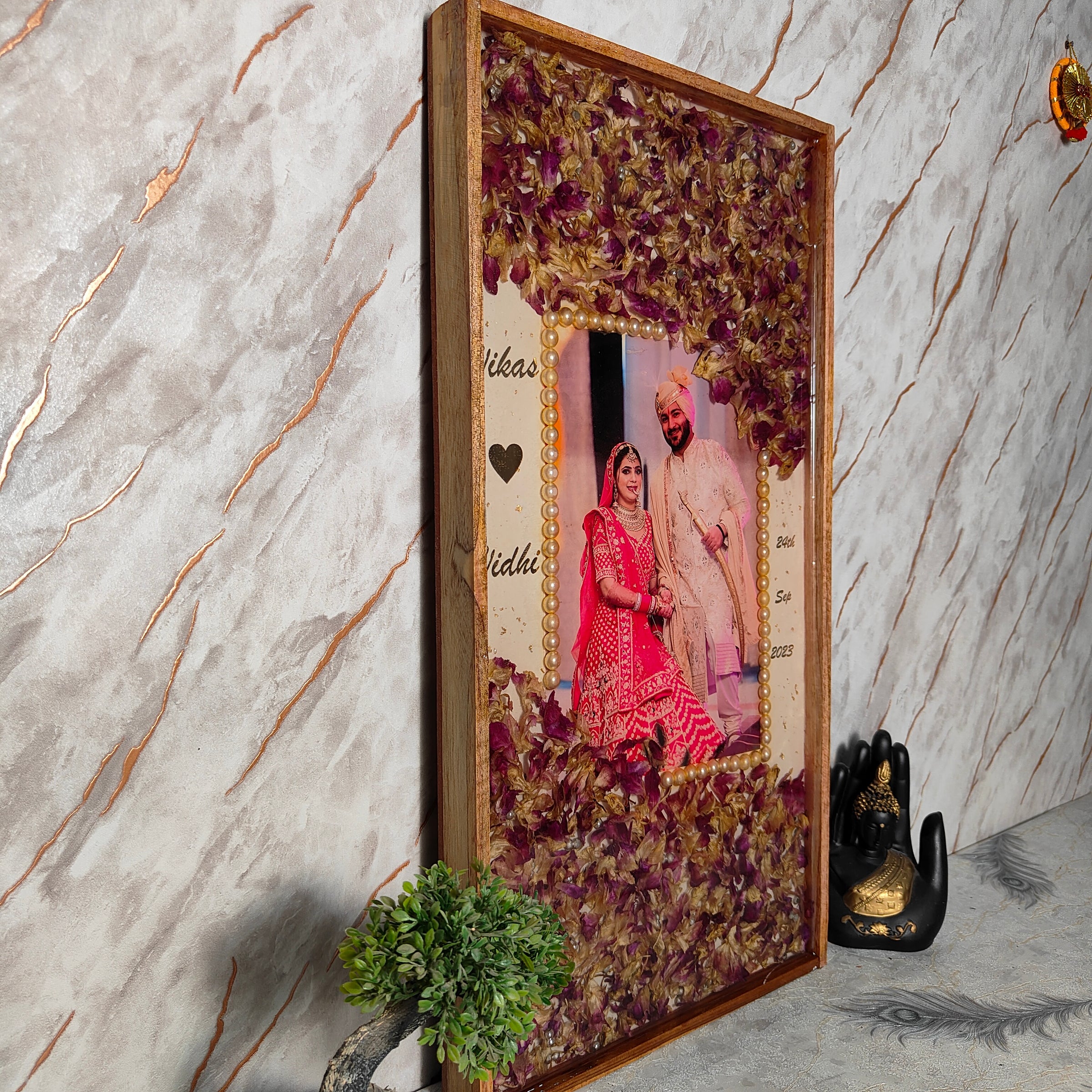 Rectangular Wooden Frame With Varmala Preservation (12 by 24 inch)