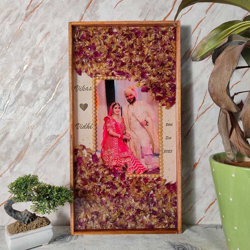 Wooden frame rectangular Varmala preservation resin with couple photo and wedding date 12 by 24 inch size