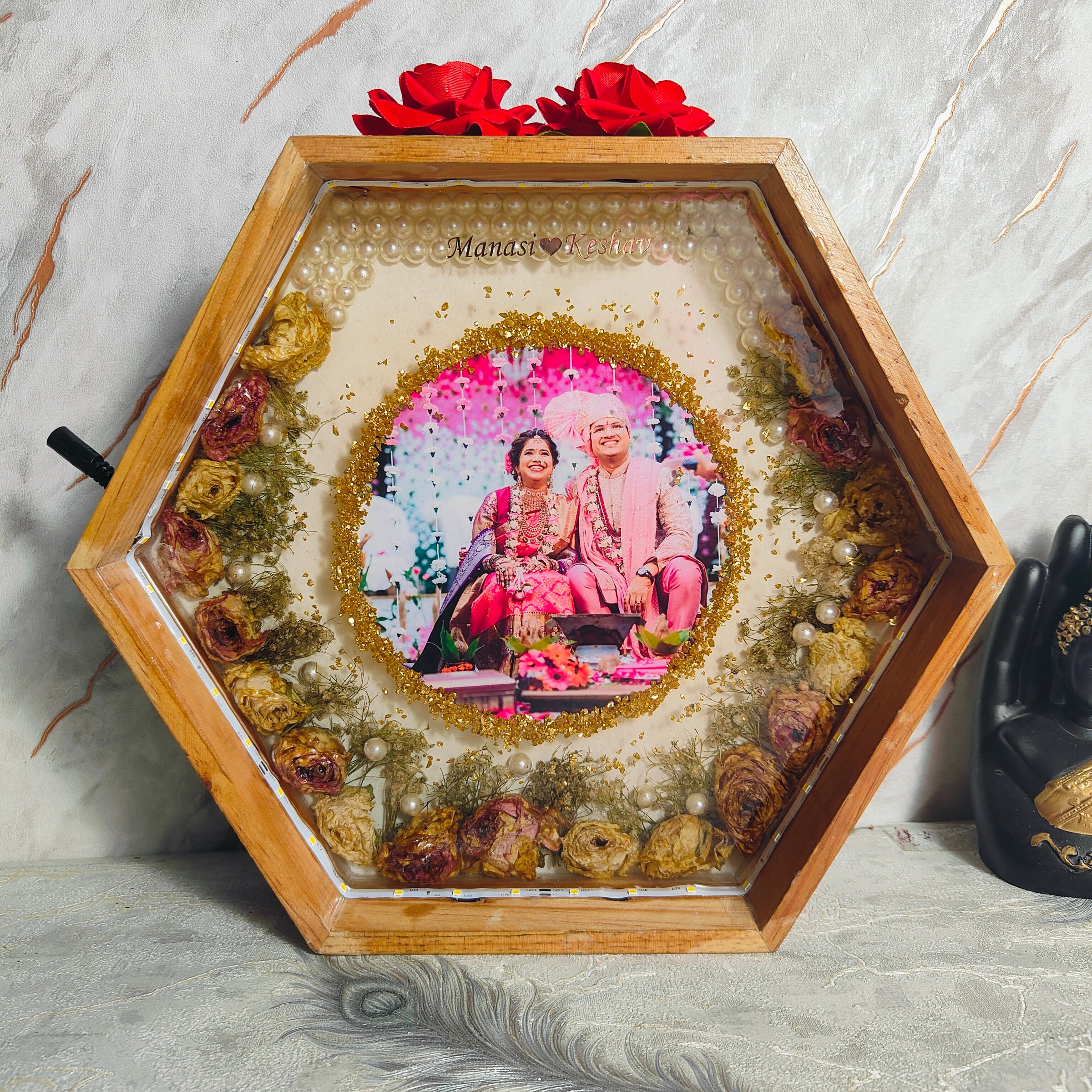 Resin LED Lights Varmala Preservation Hexagonal Photo Frame |  Wedding Garland Photo Frame with Design | Artistic Night Lamp (12 Inch), LED Light Connection