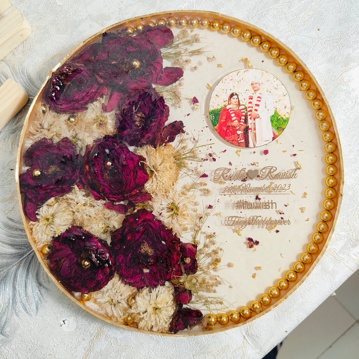 Deep Casted Varmala Flower Preserved Round Photo Frame |   Red and White Flowers Wedding Frame with Personalized Wedding Details (10-inch)