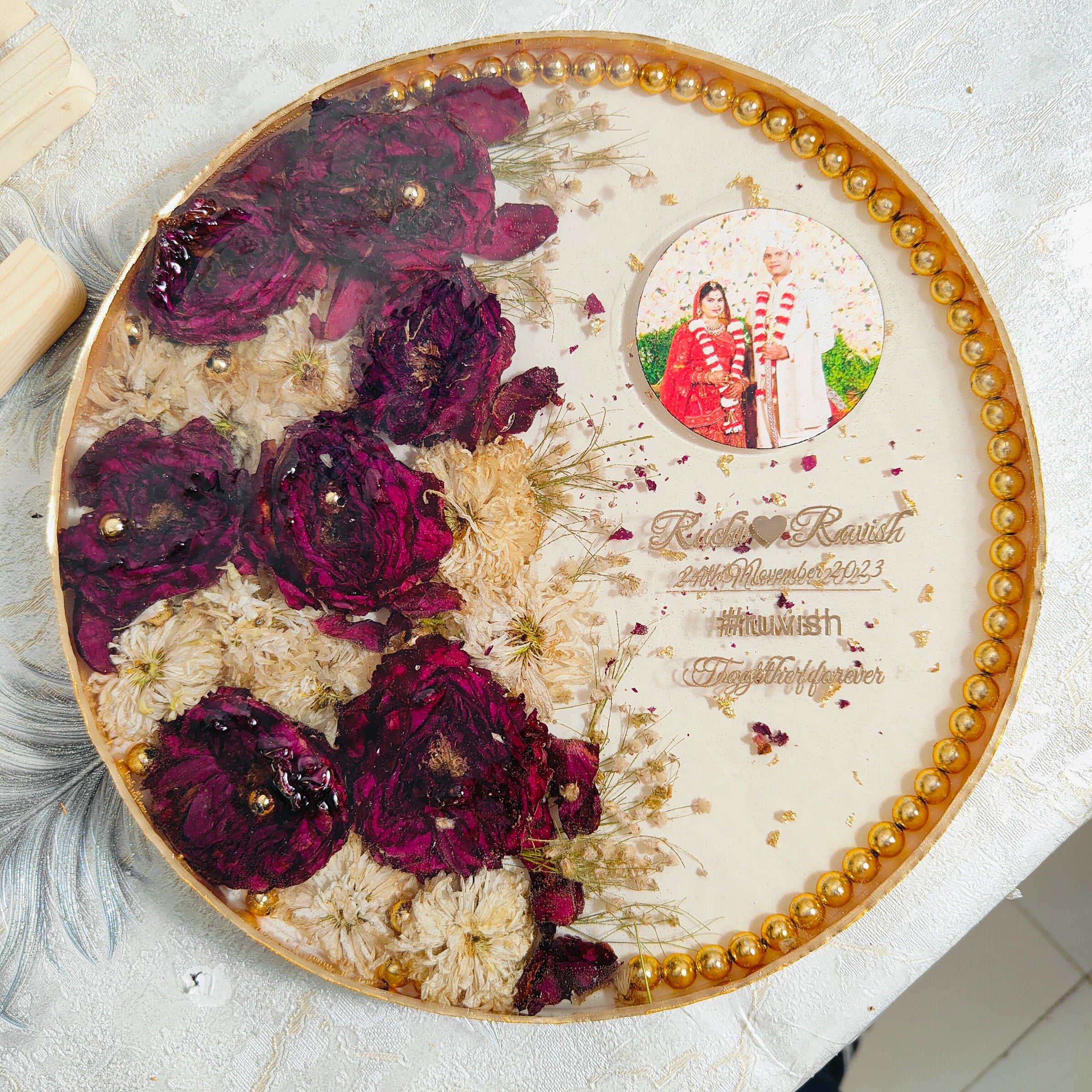 Deep Casted Varmala Flower Preserved Round Photo Frame |   Red and White Flowers Wedding Frame with Personalized Wedding Details (10-inch)