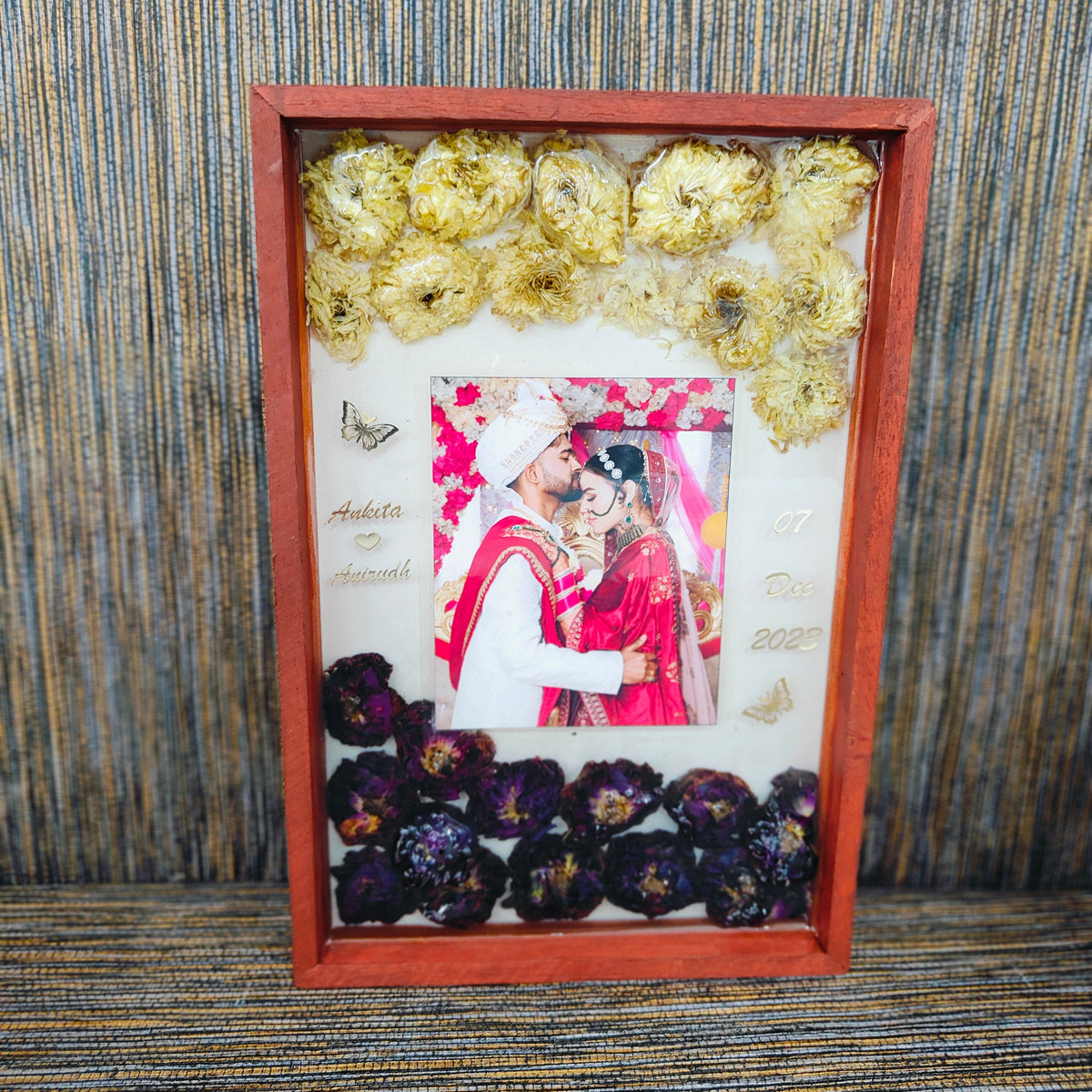 Beautiful red and white flower preservation varmala preservation teakwood frame