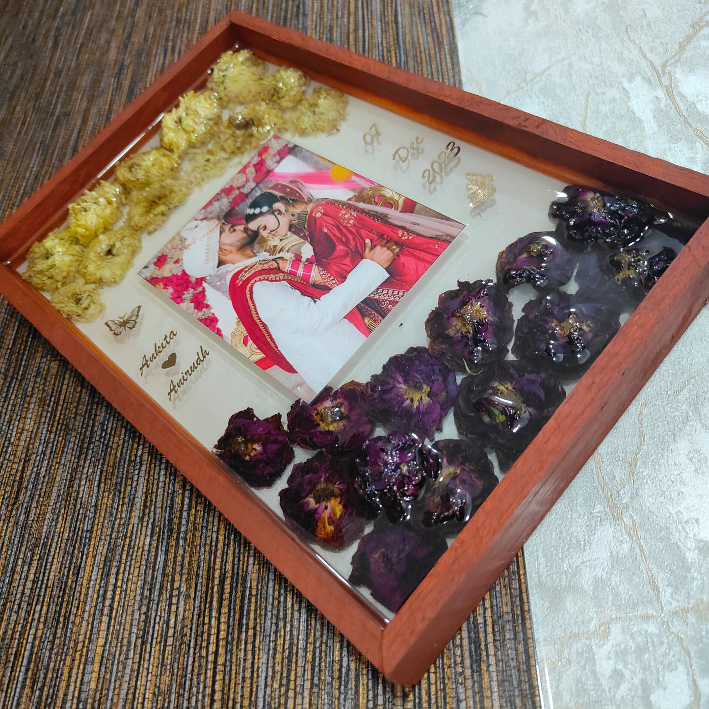 Beautiful red and white flower preservation varmala preservation teakwood frame