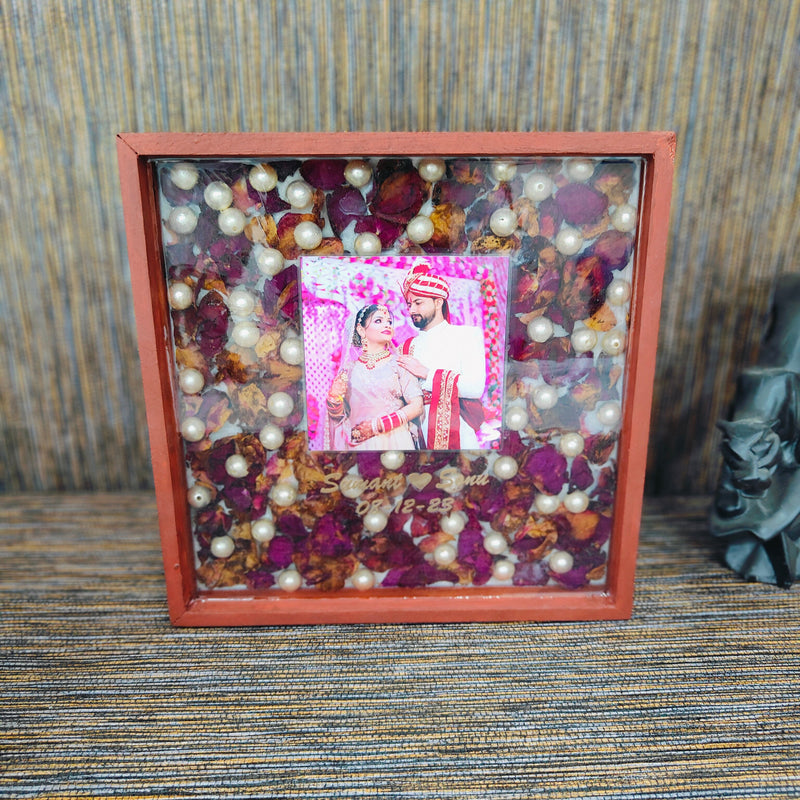 Resin Wedding Garland Preservation in Square Photo Frame | Big-size Pearls Decor with Personalized Wedding Details | Gift for Friends, Brother, Sister, Husband-Wife (10 Inch)