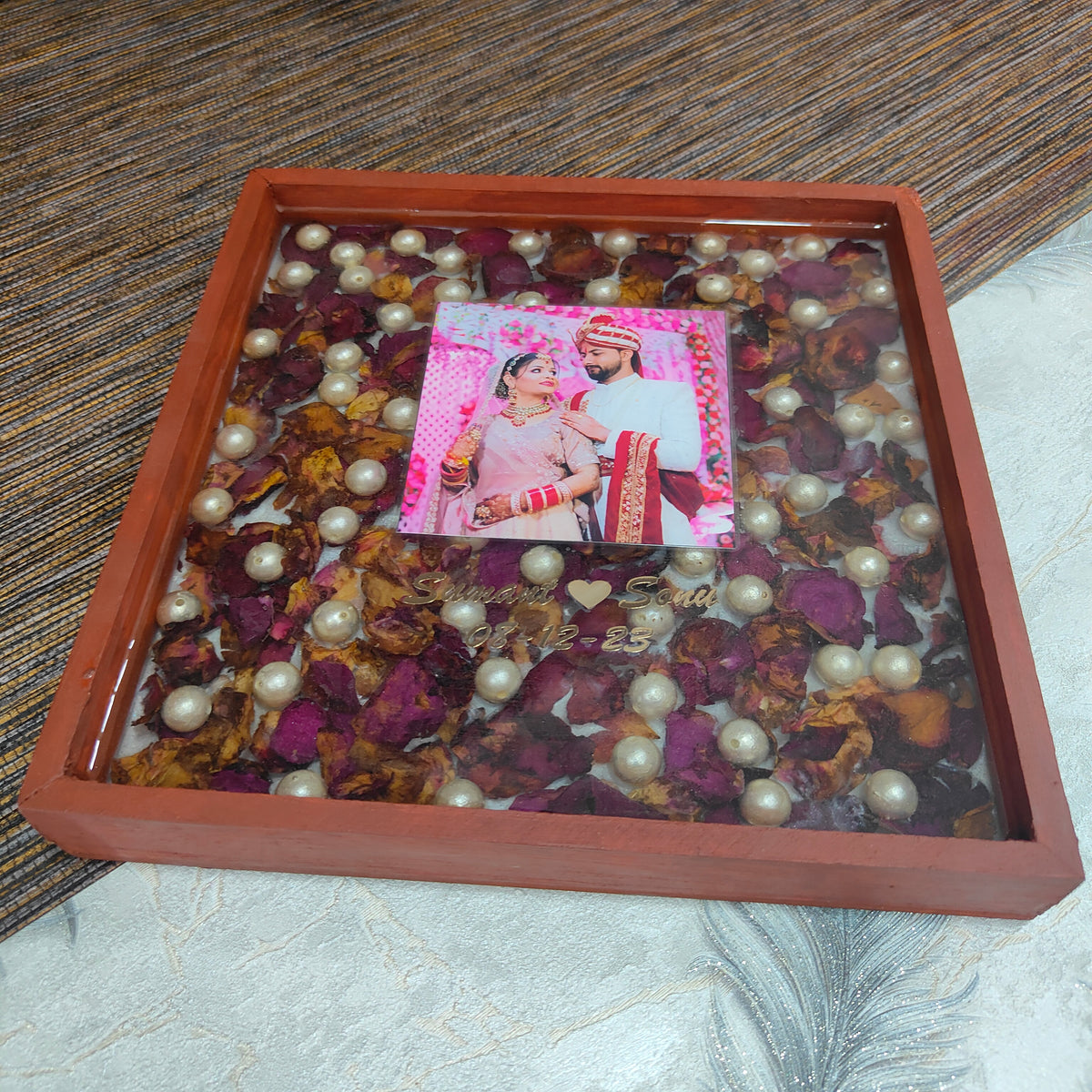 Resin Wedding Garland Preservation in Square Photo Frame | Big-size Pearls Decor with Personalized Wedding Details | Gift for Friends, Brother, Sister, Husband-Wife (10 Inch)