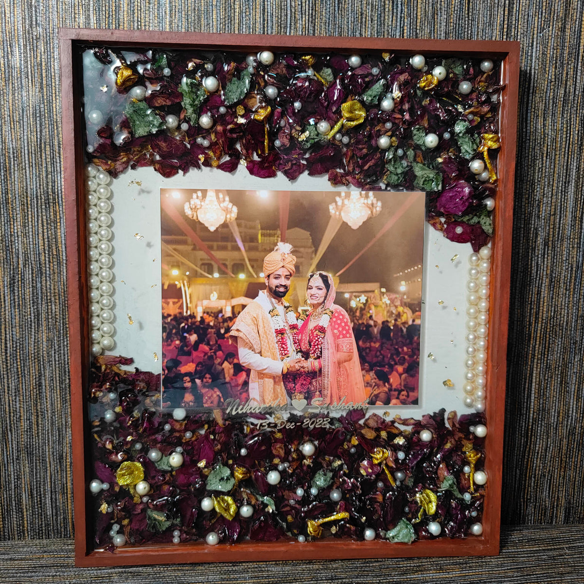 15 x 18 inch teak wood varmala preservation frame with dark roses, gold accents