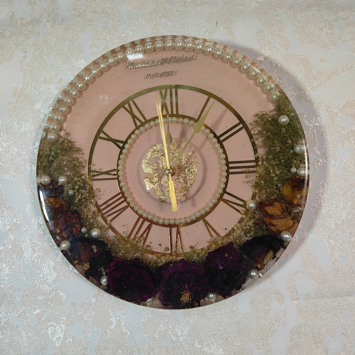 Epoxy Wall Clock with Real Wedding Flowers Preservation (12-Inches)