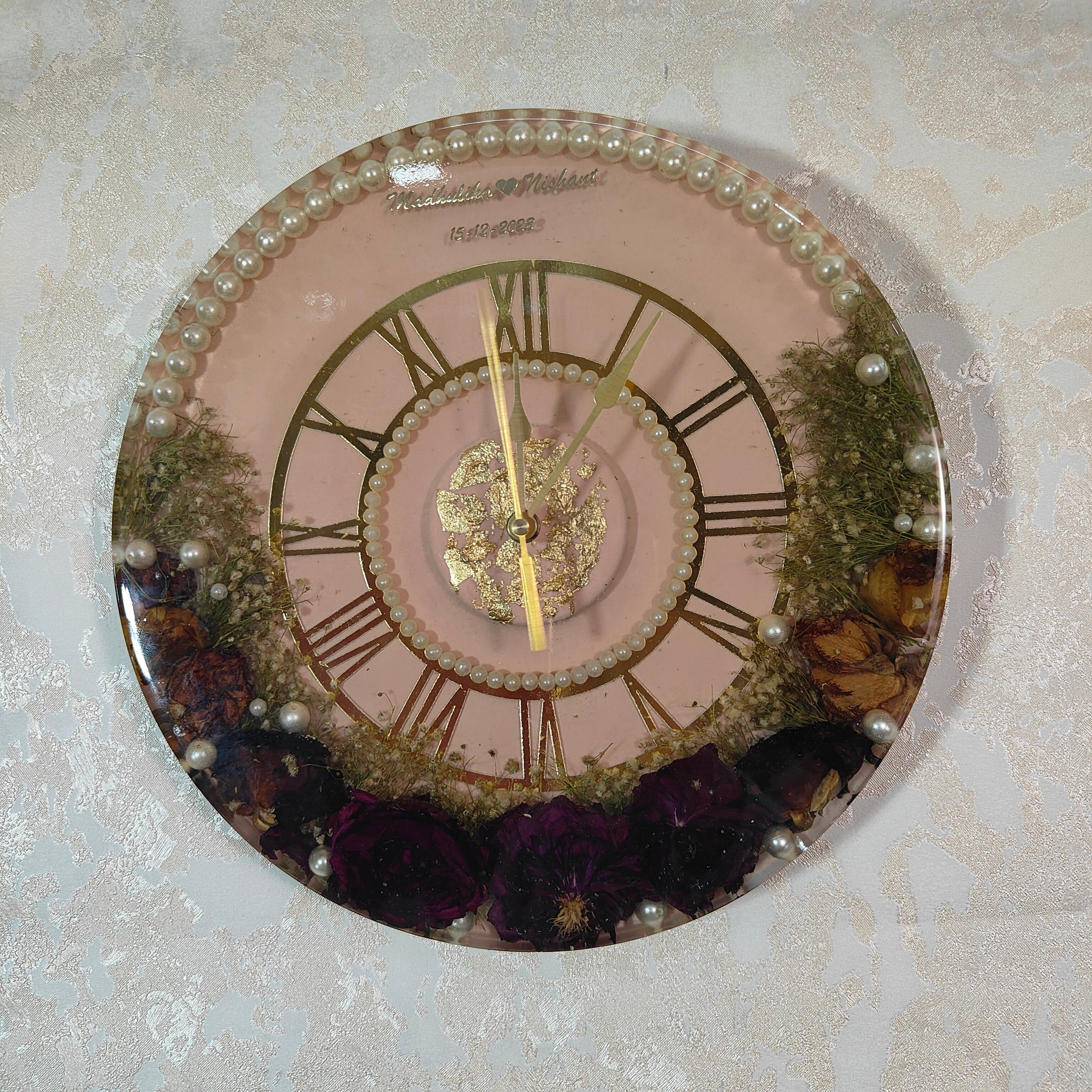 Epoxy Wall Clock with Real Wedding Flowers Preservation (12-Inches)