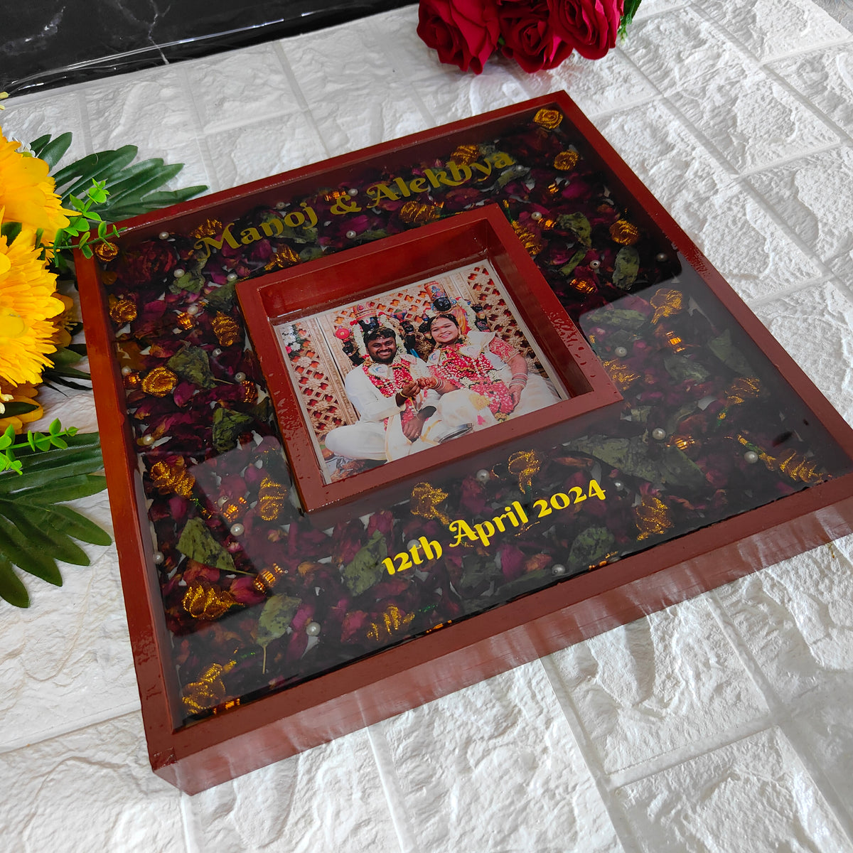 Dual Wooden Varmala Preservation Photo Frame