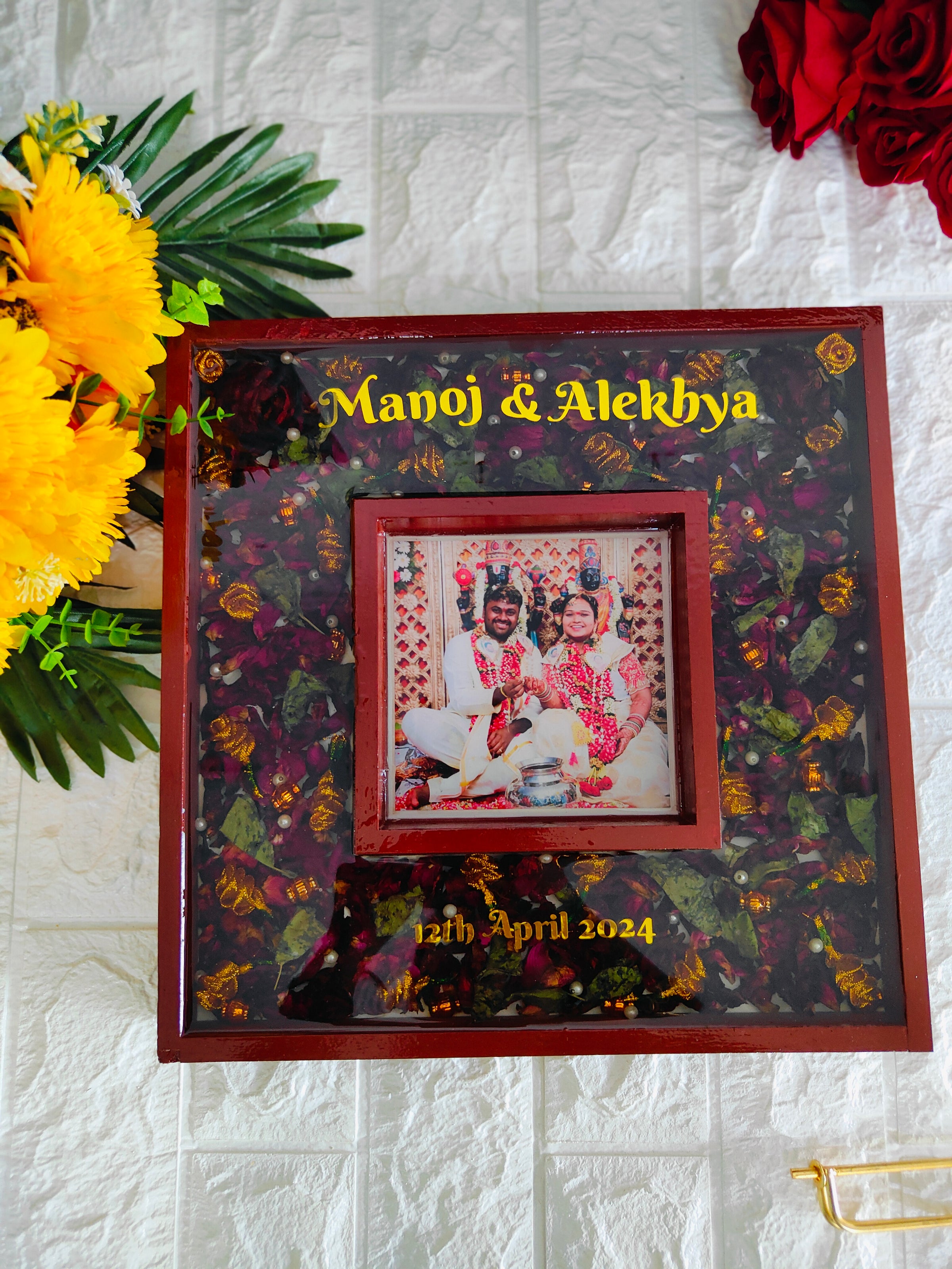 Dual Wooden Varmala Preservation Photo Frame
