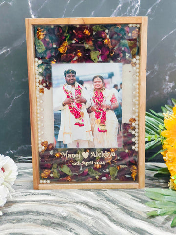 Teakwood Rectangular Varmala Preservation Frame with Photo