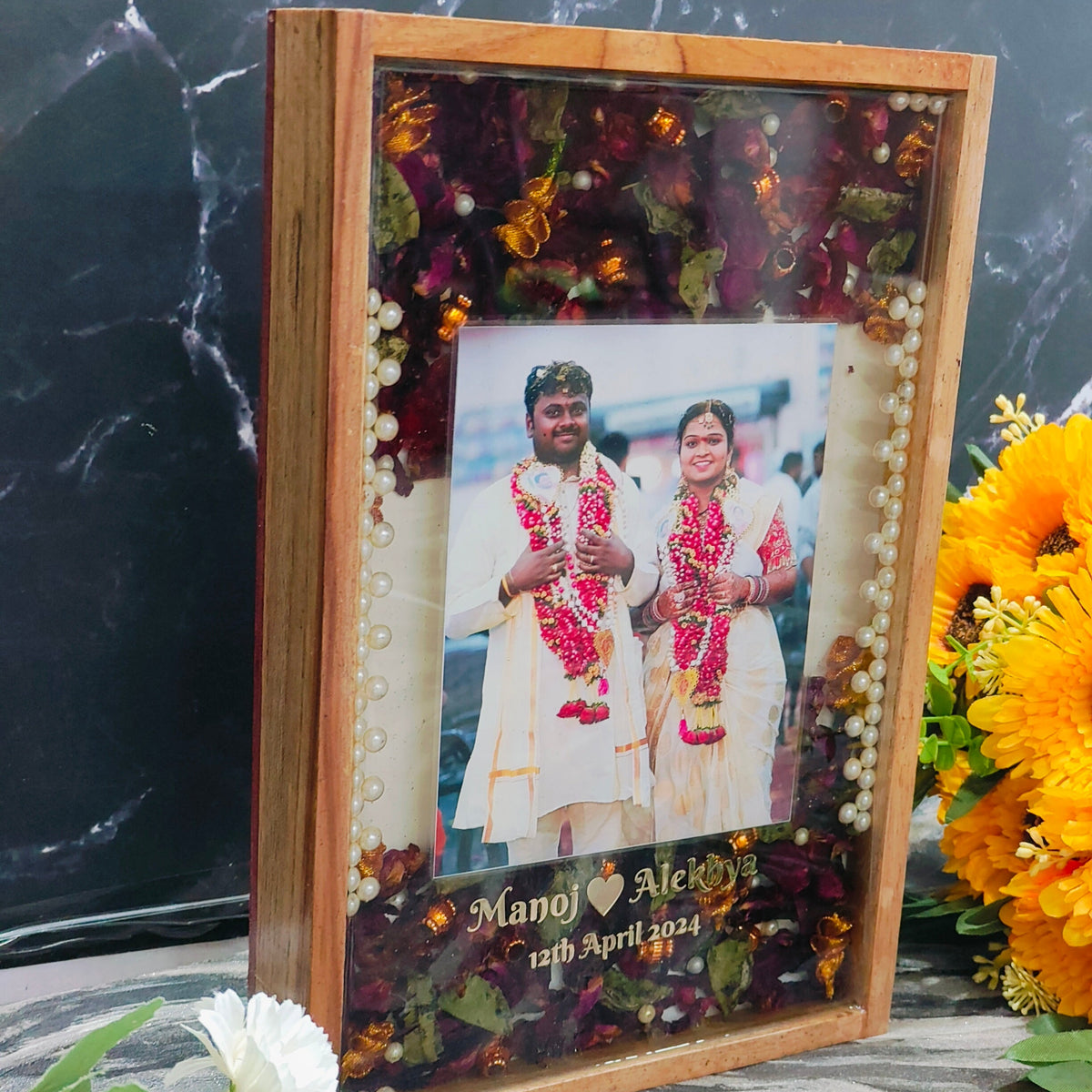 Teakwood Rectangular Varmala Preservation Frame with Photo