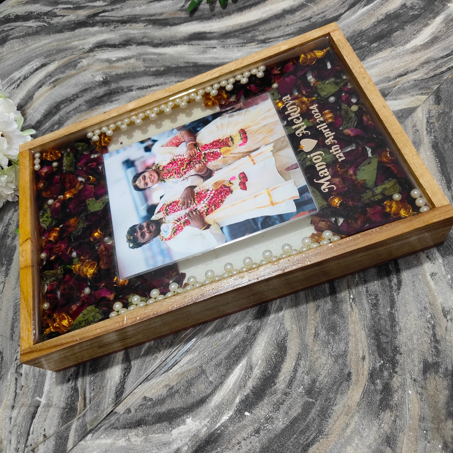 Beautiful teakwood rectangular Varmala preservation frame with photo/ flower preservation/ gift for couple