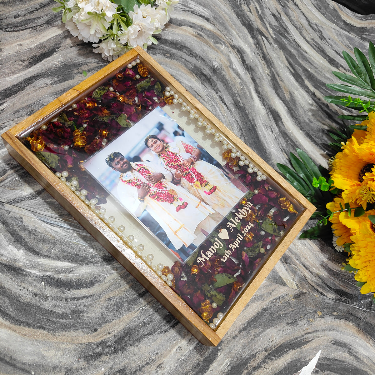 Teakwood Rectangular Varmala Preservation Frame with Photo