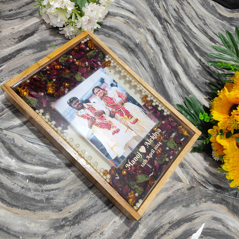 Beautiful teakwood rectangular Varmala preservation frame with photo/ flower preservation/ gift for couple