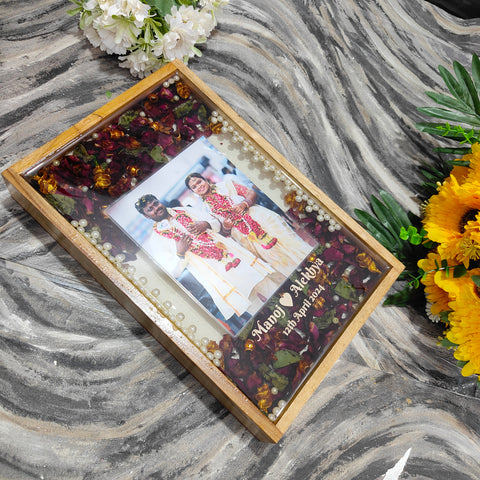 Teakwood Rectangular Varmala Preservation Frame with Photo