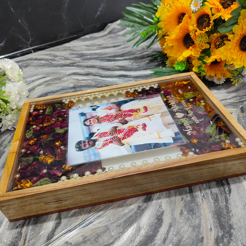 Beautiful teakwood rectangular Varmala preservation frame with photo/ flower preservation/ gift for couple