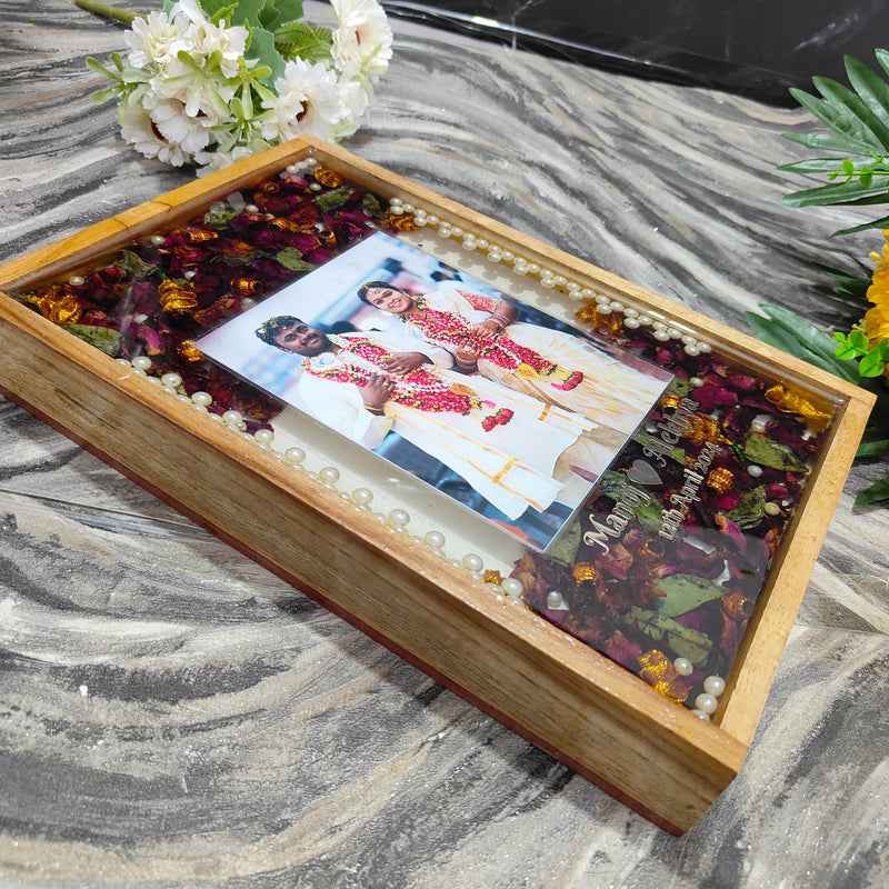 Beautiful teakwood rectangular Varmala preservation frame with photo/ flower preservation/ gift for couple