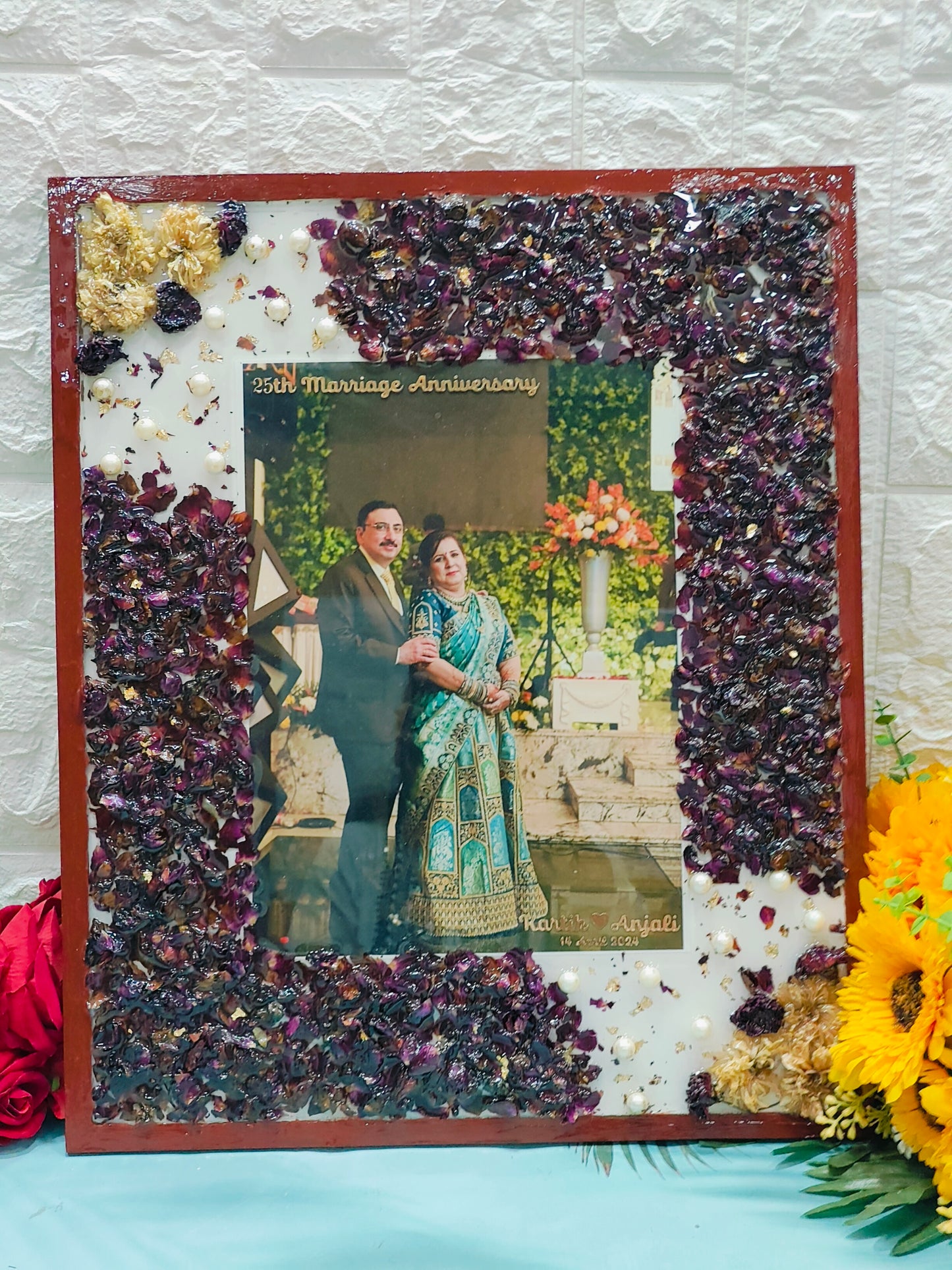 Rectangle Varmala Preserved Photo Frame for Newlyweds l White Flowers & Pearls Decor, Wooden Frame with Inbuilt Hooks, Exquisite Wedding Garland Preservation Frame