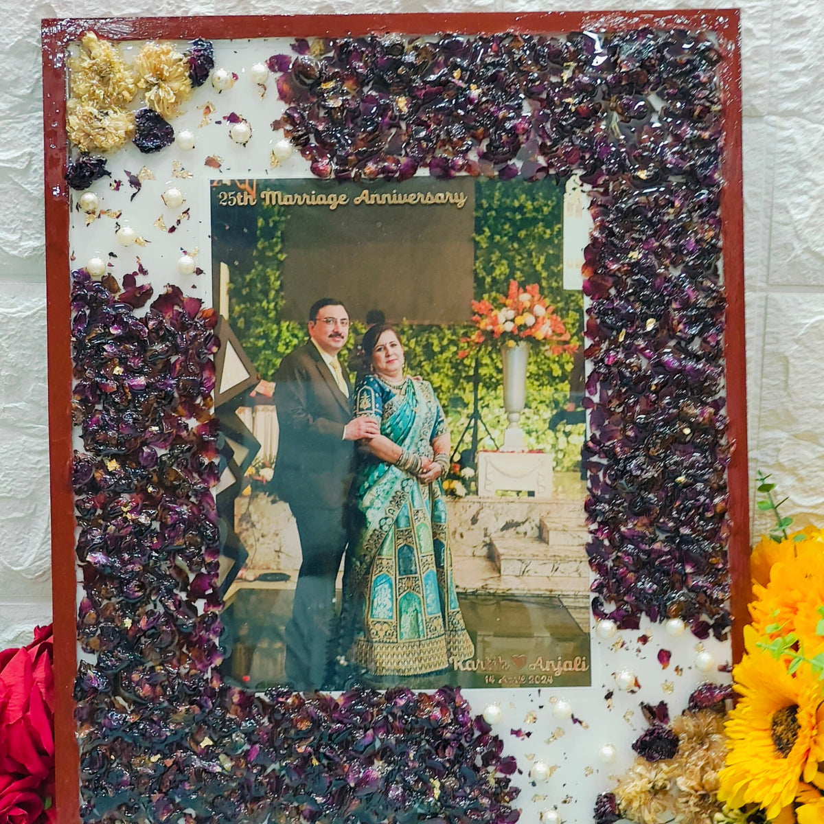 15 x 18 inch teak wood varmala preservation frame with deep red roses
