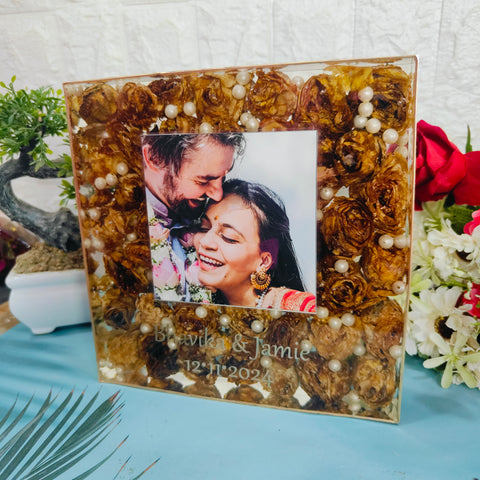 8-Inches Square Resin Frame with Wedding Varmala Flowers & Photo