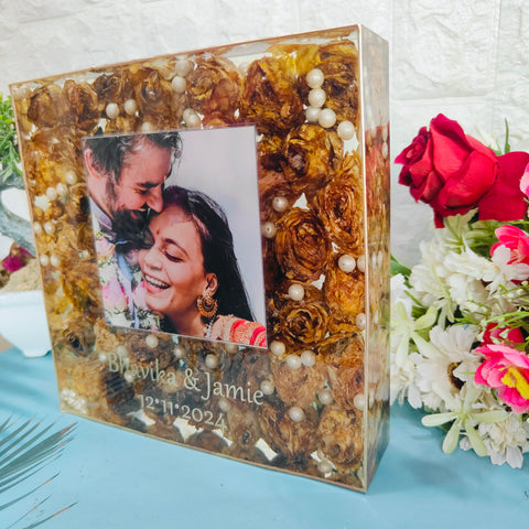 8-Inches Square Resin Frame with Wedding Varmala Flowers & Photo