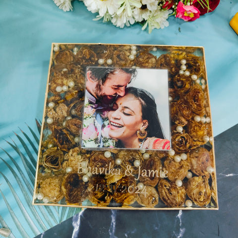 8-Inches Square Resin Frame with Wedding Varmala Flowers & Photo