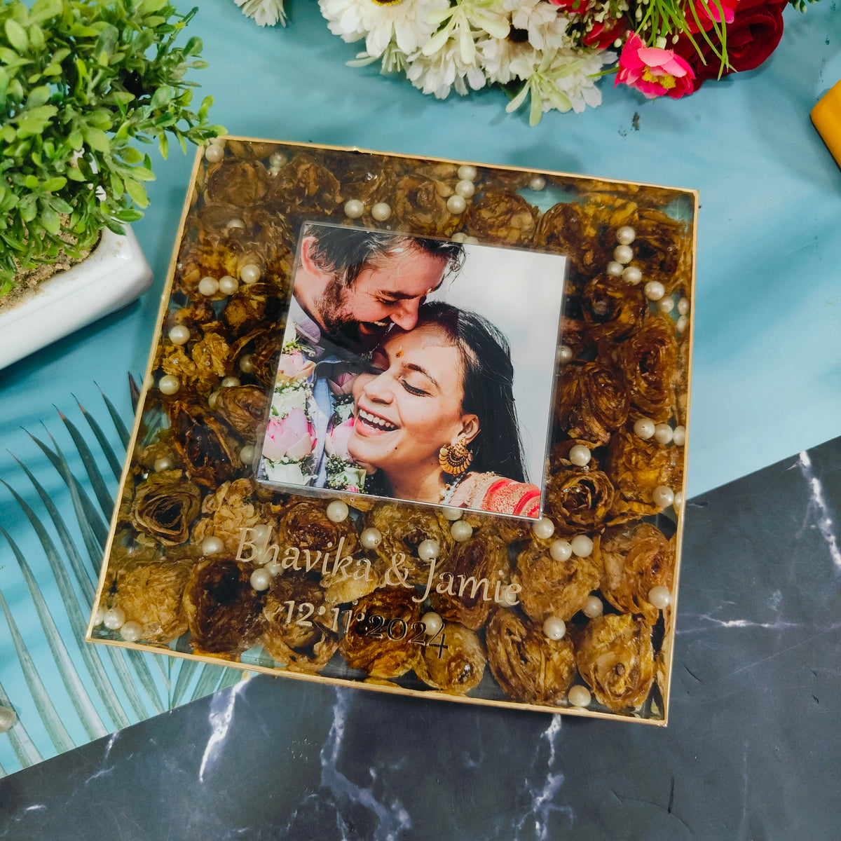 8-Inches Square Resin Frame with Wedding Varmala Flowers & Photo