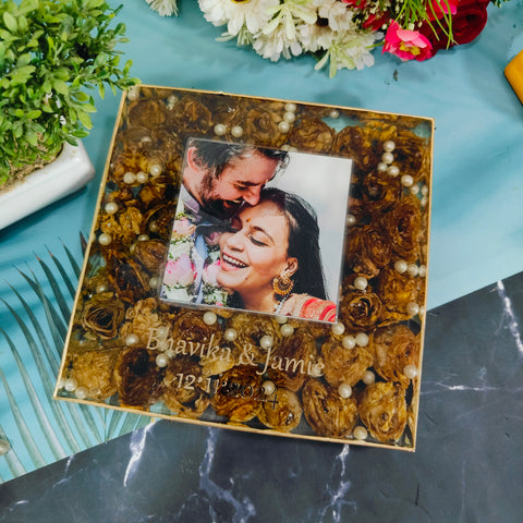 8-Inches Square Resin Frame with Wedding Varmala Flowers & Photo