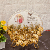 8 inch scalloped round varmala frame with golden roses, white base
